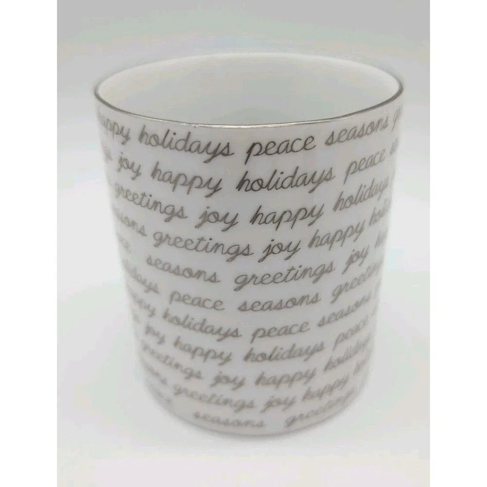Crate& Barrel Script Mug 8 Oz Holiday Christmas Seasons Greetings Joy Peace